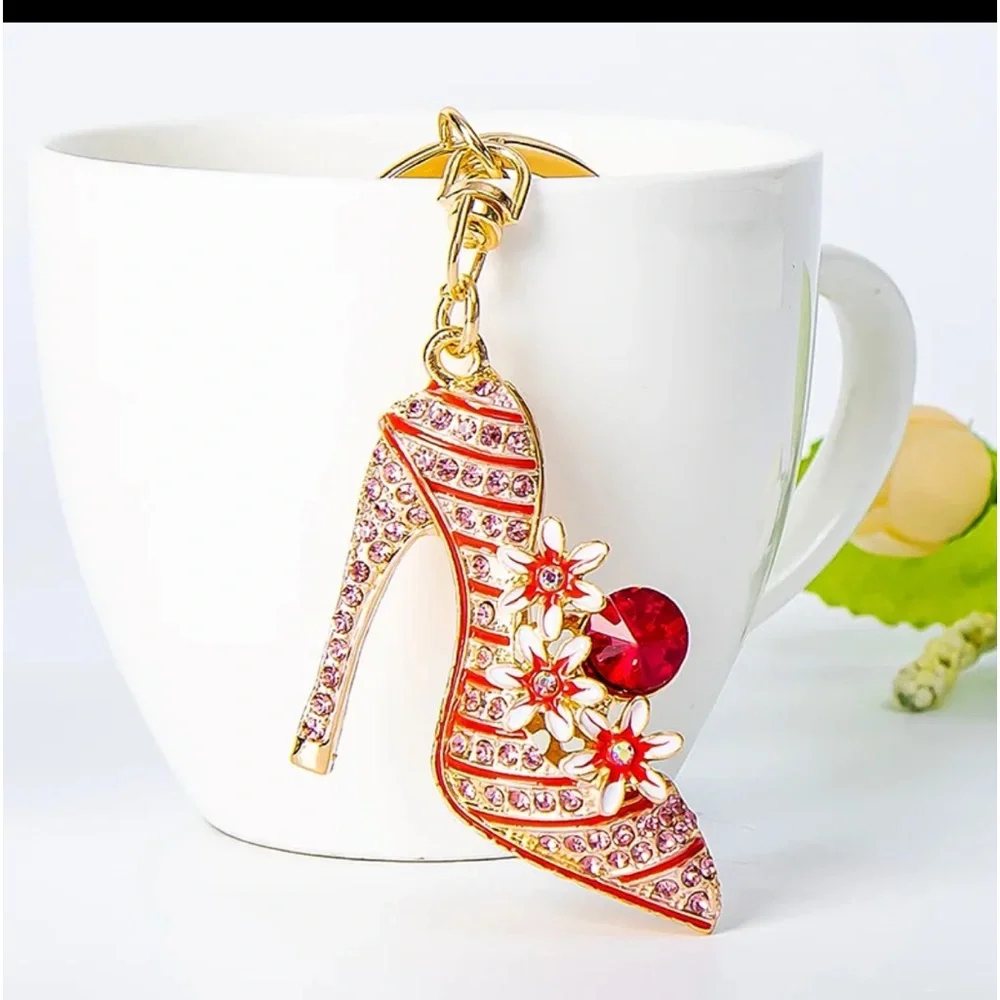 Diamond Inlaid High Heeled Shoes Key Chain Bag Car Key Ring Pendant 5 Inches Red